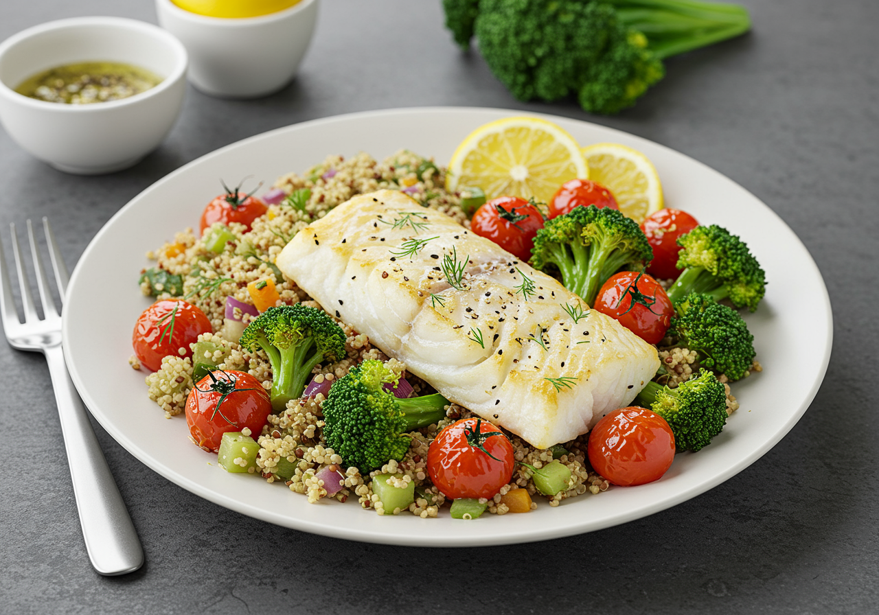 Mediterranean Cod with Quinoa & Roasted Veggies