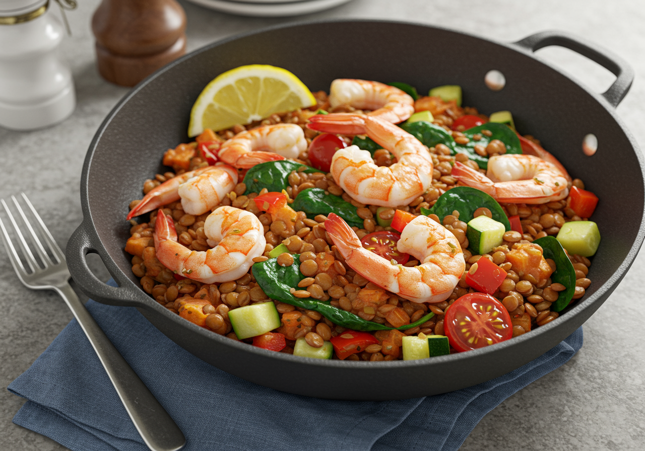 Mediterranean Shrimp & Red Lentil Skillet