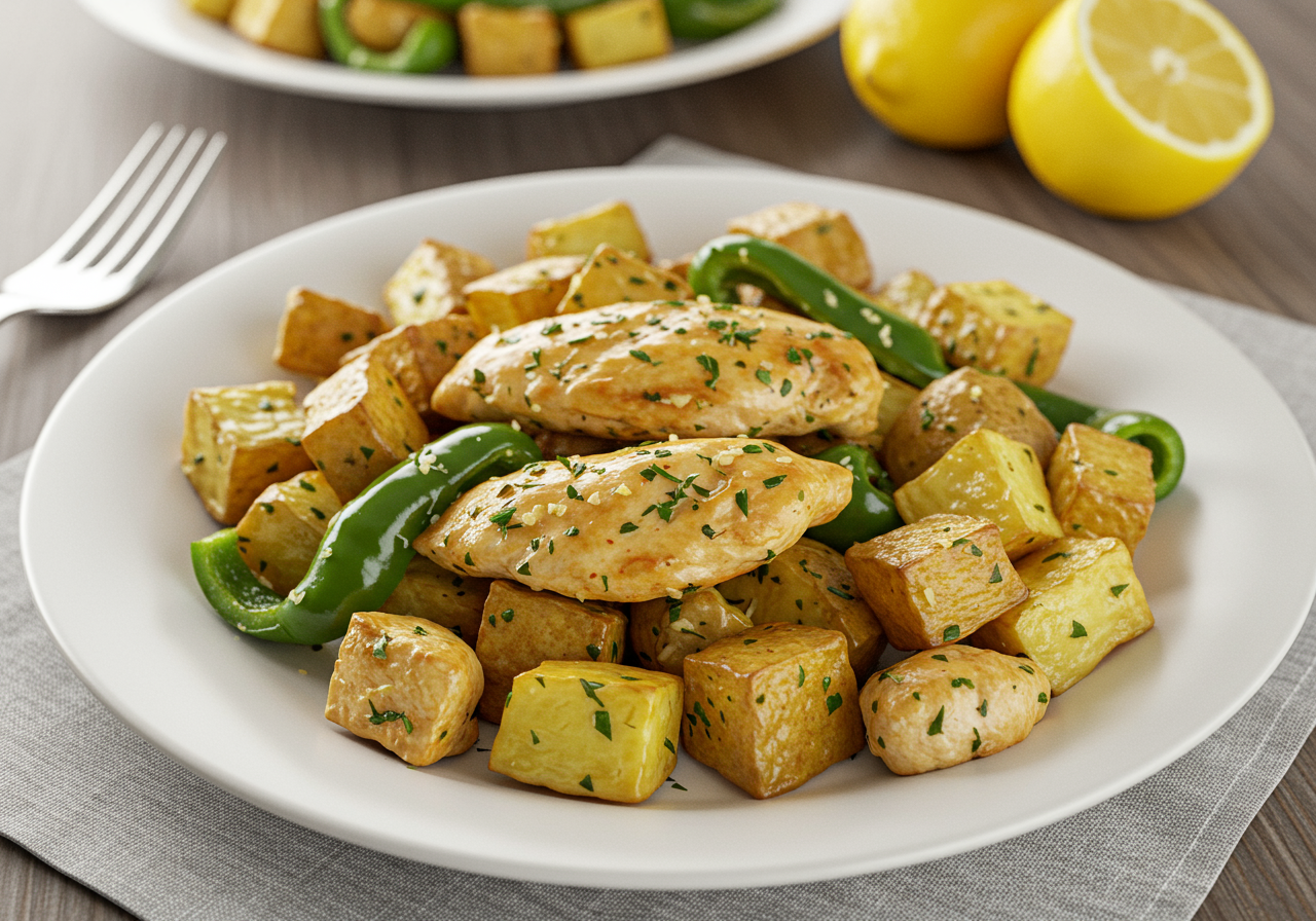 One-Pan Lemon Herb Chicken with Roasted Potatoes and Peppers
