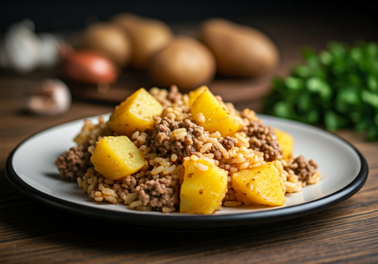 One-Pot Minced Meat, Potato, and Rice Skillet