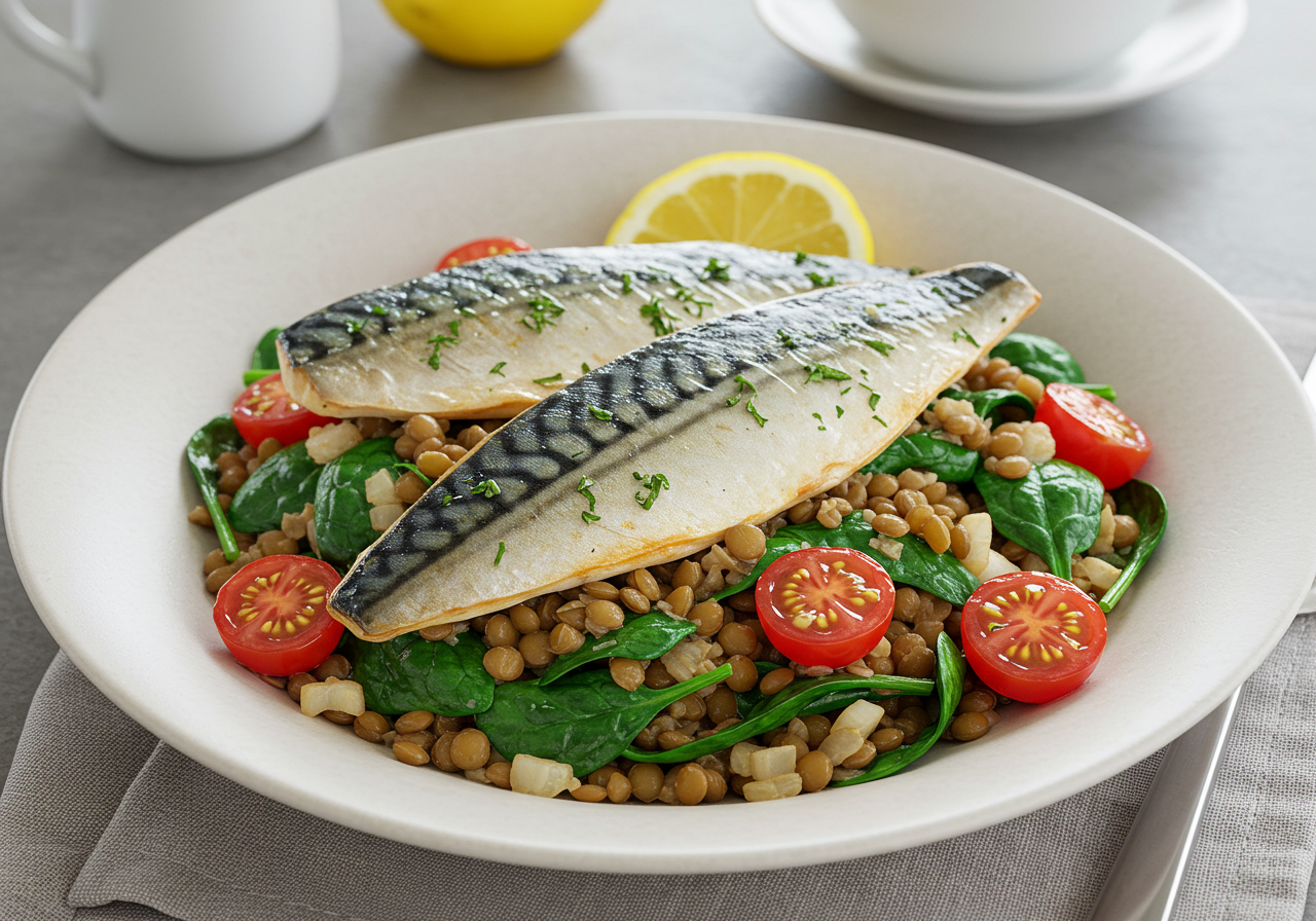 Pan-Seared Mackerel with Warm Lentil and Spinach Salad