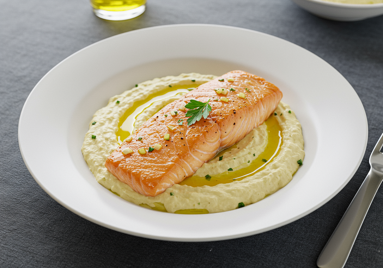 Pan-Seared Trout with Hummus and Lemon Drizzle