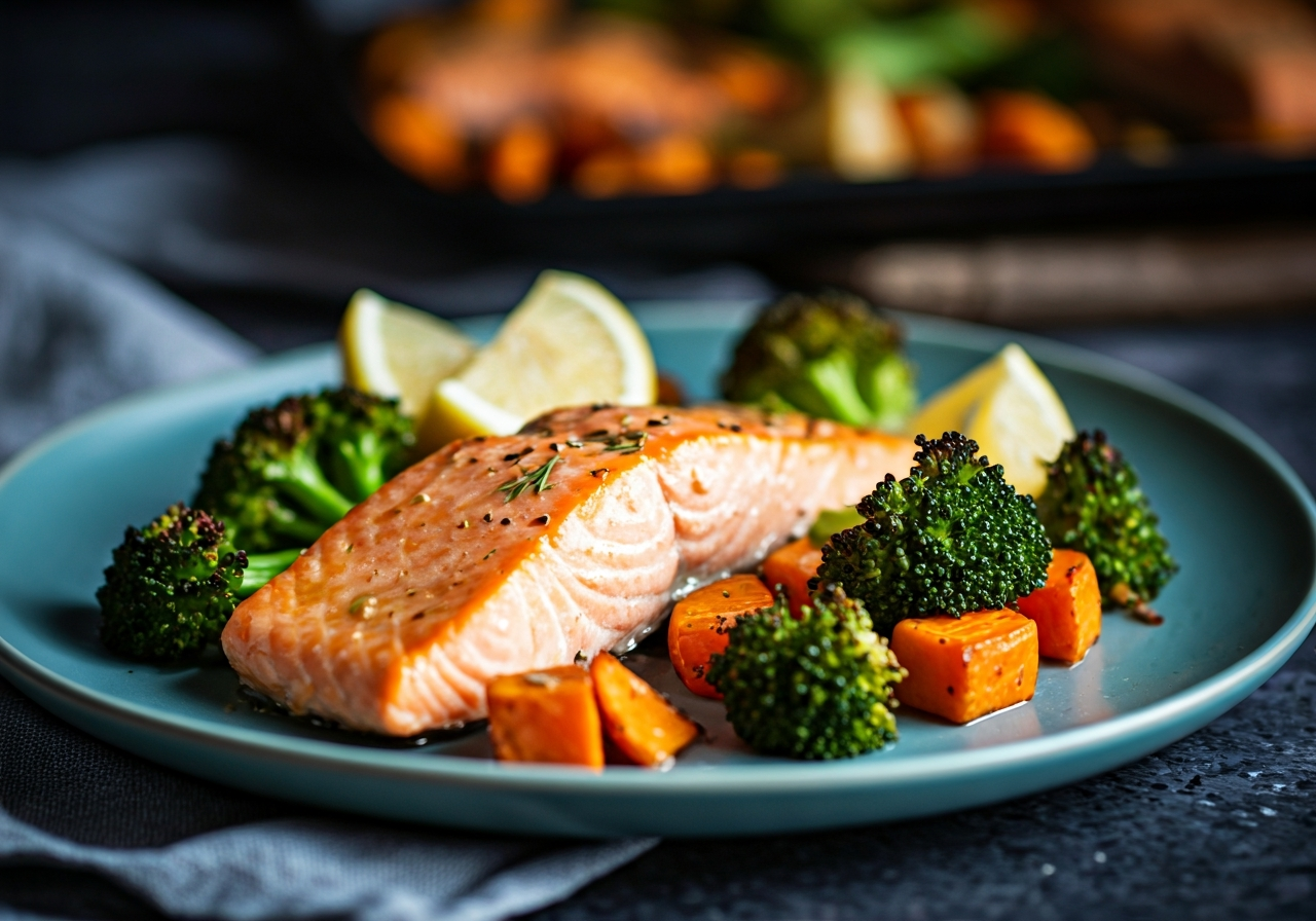 Sheet Pan Lemon Garlic Salmon with Roasted Sweet Potato & Broccoli