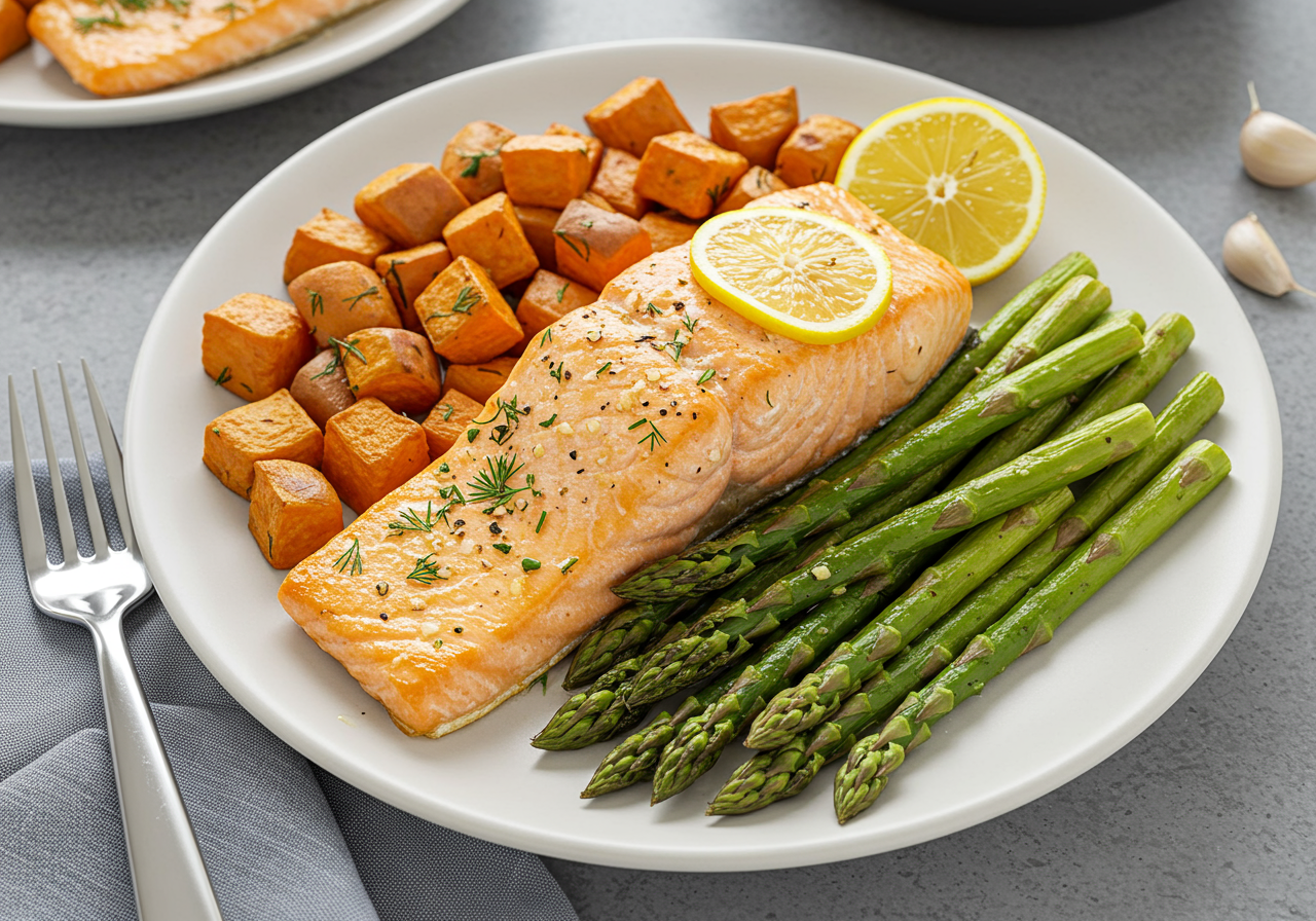 Sheet Pan Lemon Herb Salmon with Roasted Sweet Potatoes & Asparagus