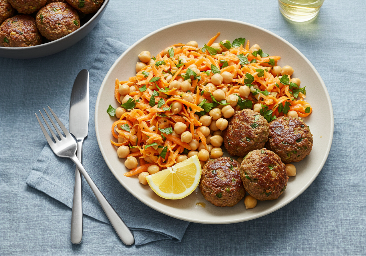 Spiced Lamb Koftas with Carrot & Chickpea Salad