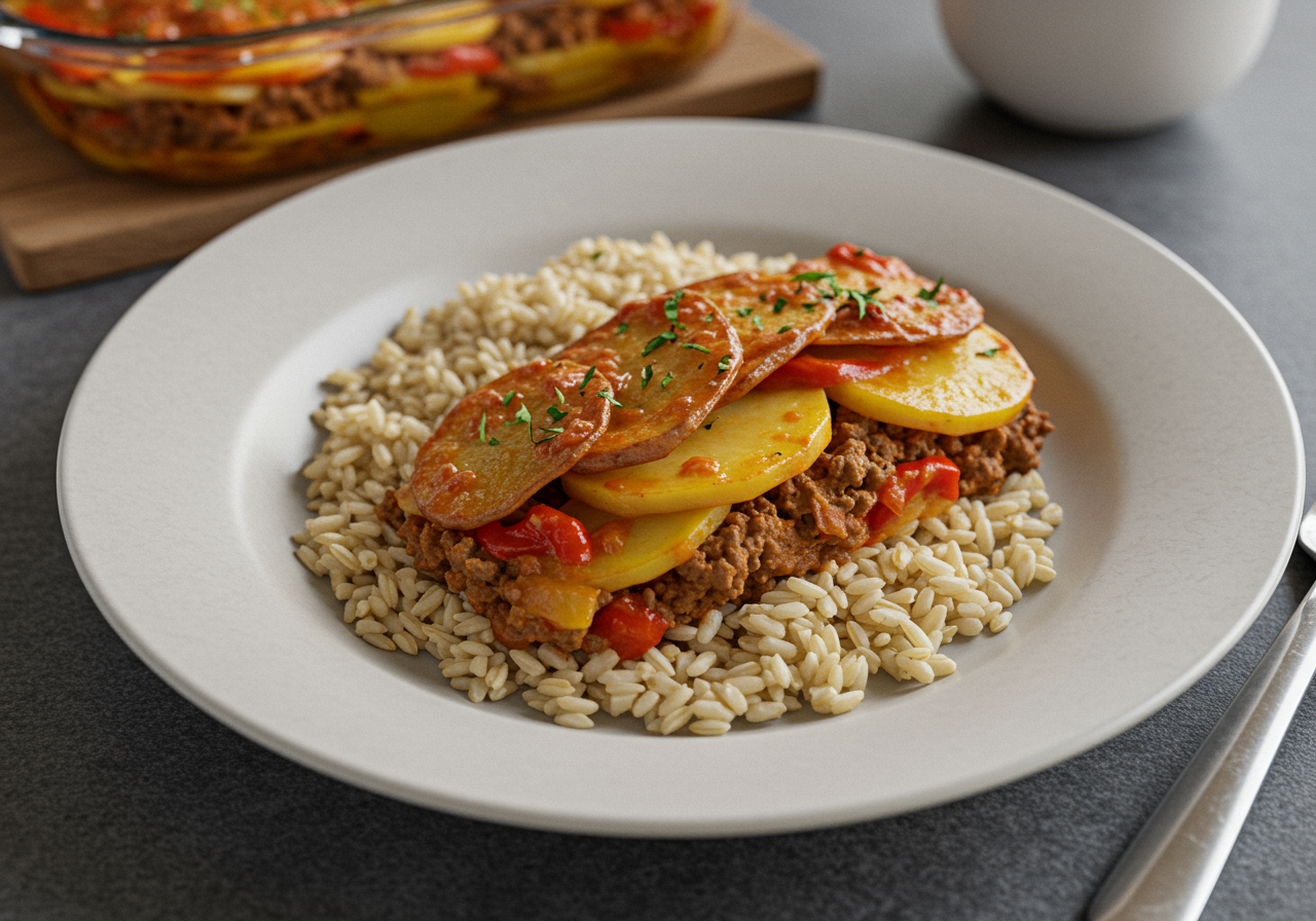 Layered Balkan Beef and Potato Bake