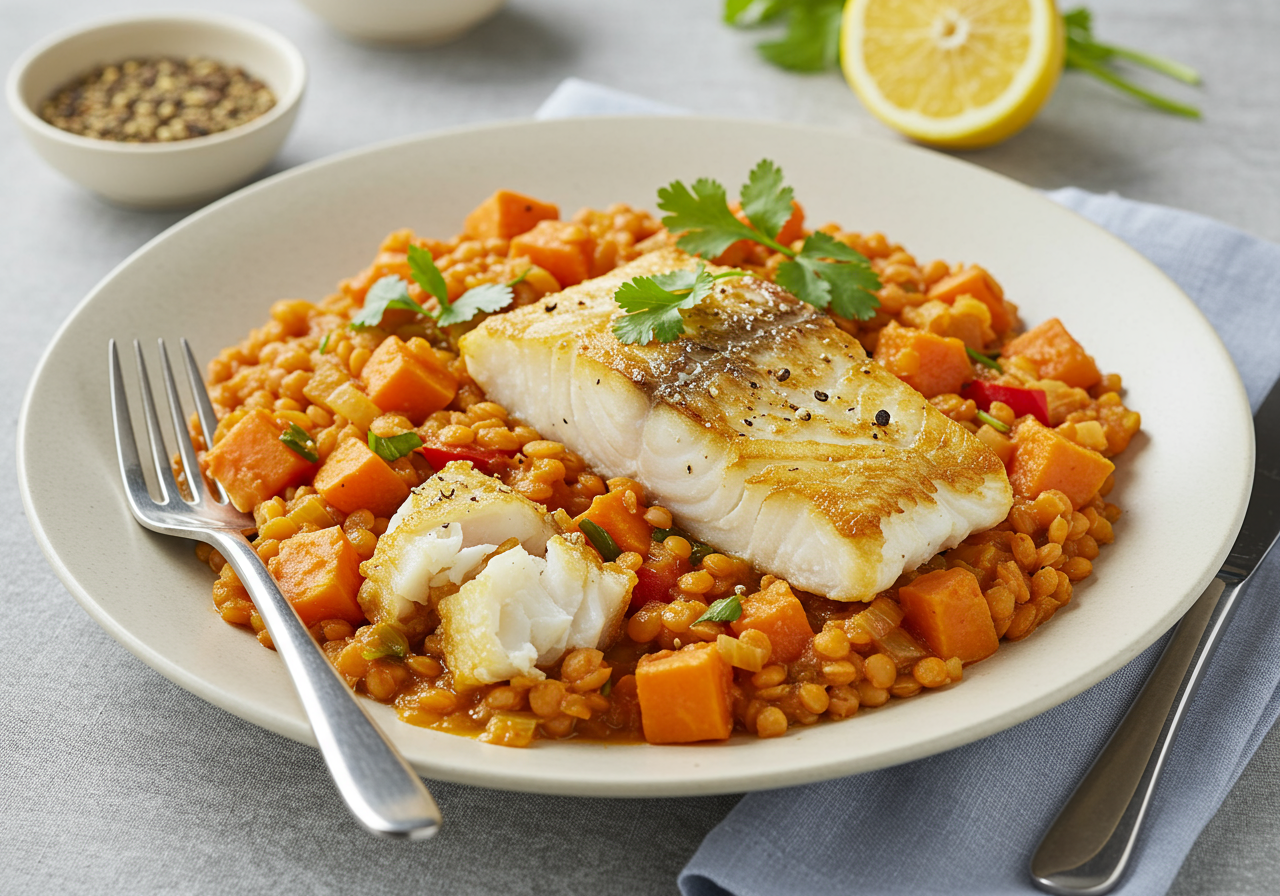 Spiced Cod with Red Lentil & Sweet Potato Stew