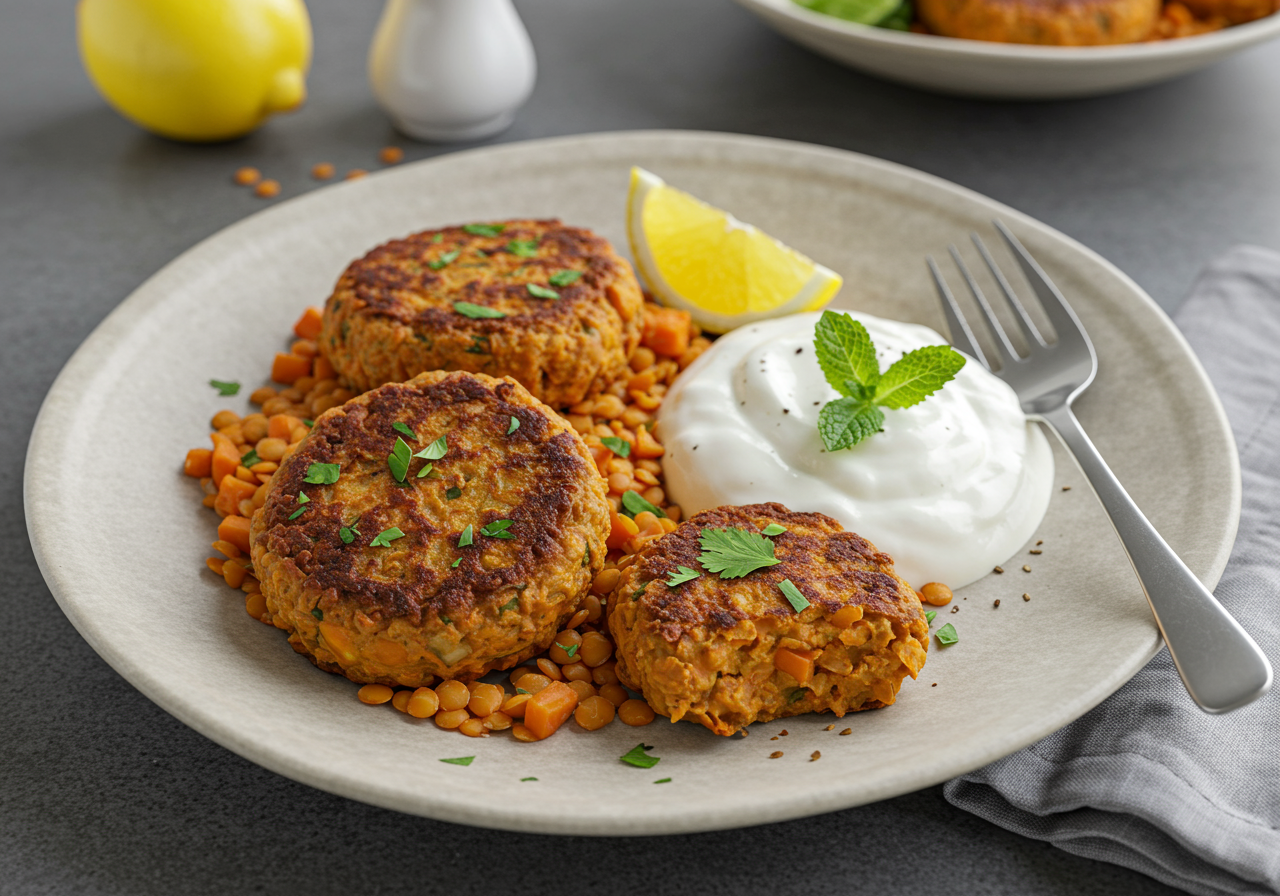 Spiced Lentil and Sweet Potato Patties with Mint-Coriander Yogurt