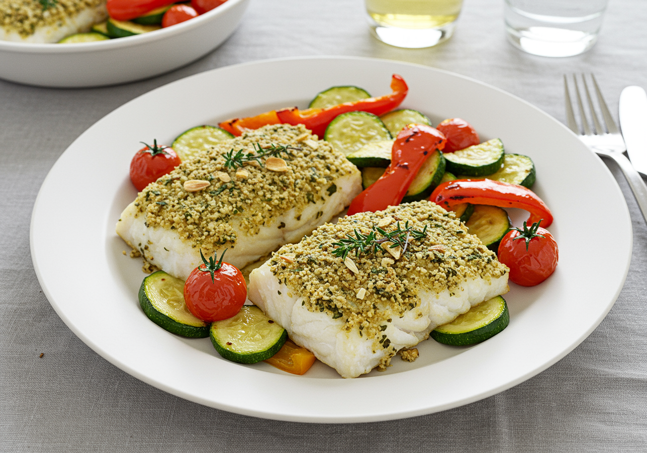 Italian Herb-Crusted Baked Cod with Roasted Vegetables
