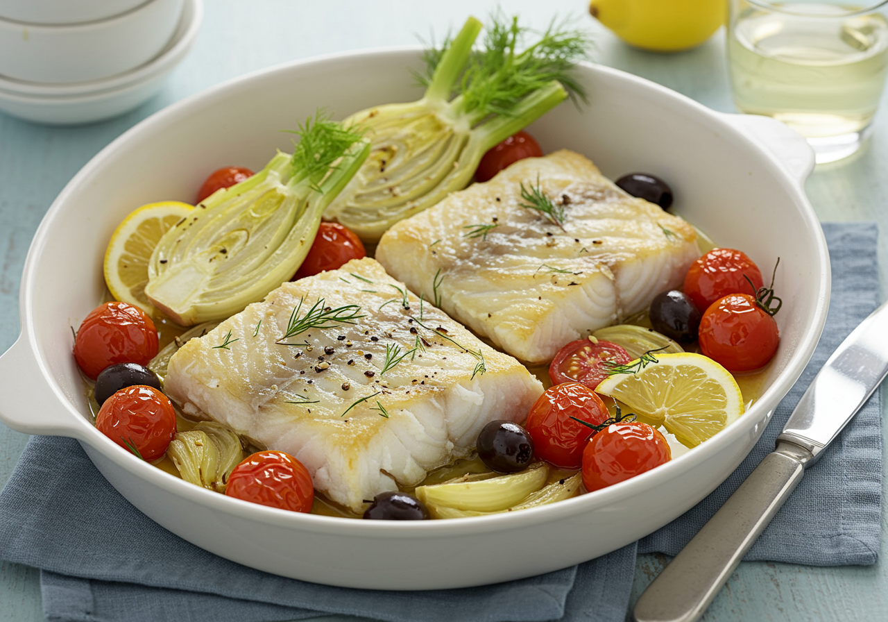 Mediterranean Baked Cod with Fennel and Cherry Tomatoes