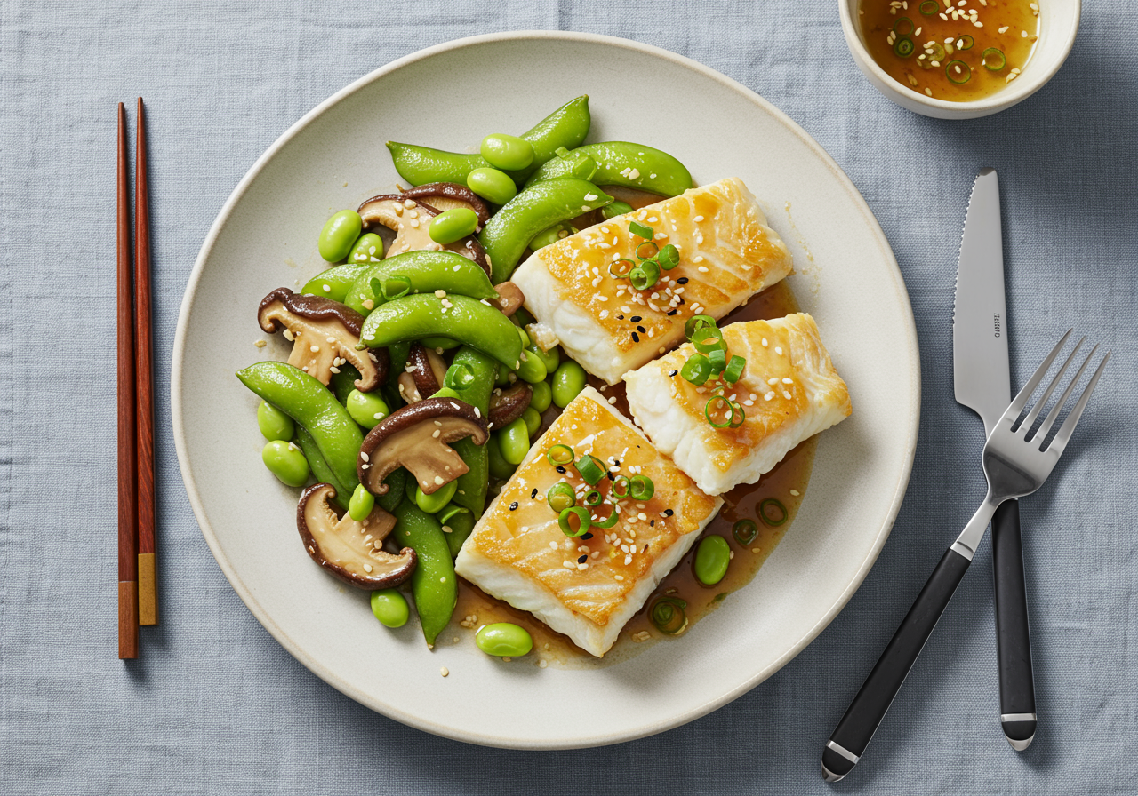 Miso Glazed Cod with Edamame & Shiitake Stir-fry