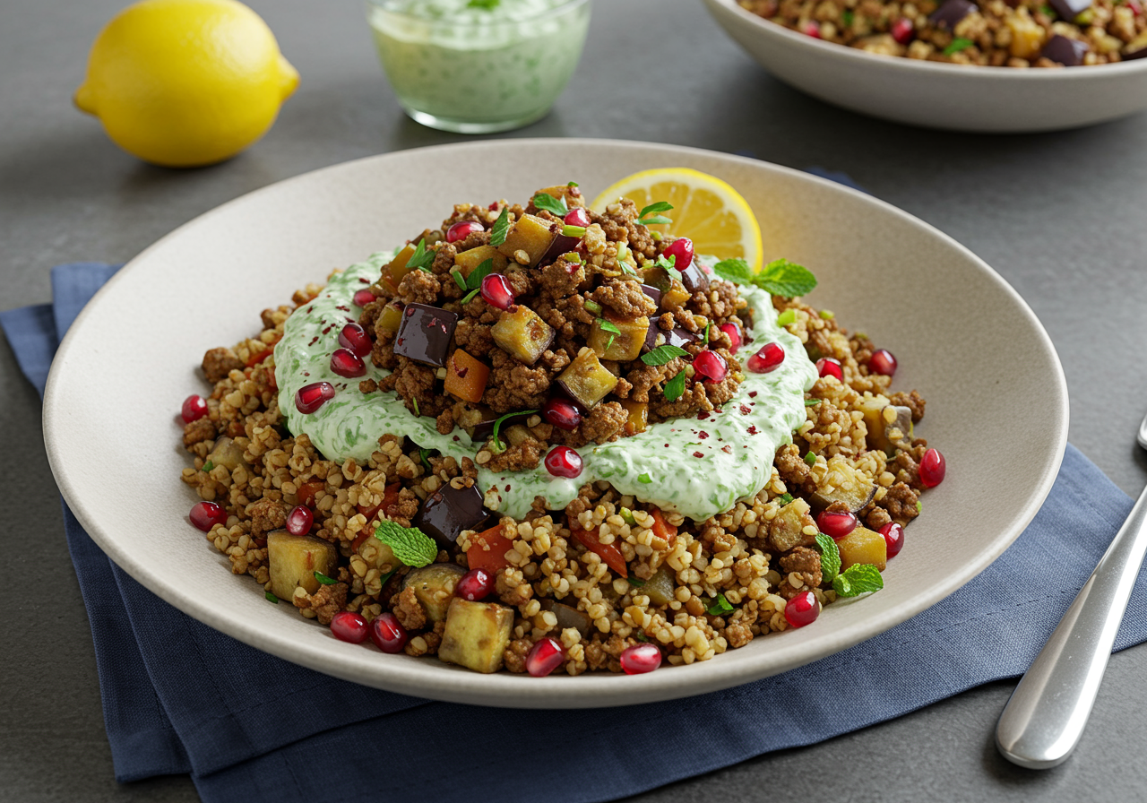 Sumac Lamb with Smoky Freekeh and Mint Tahini