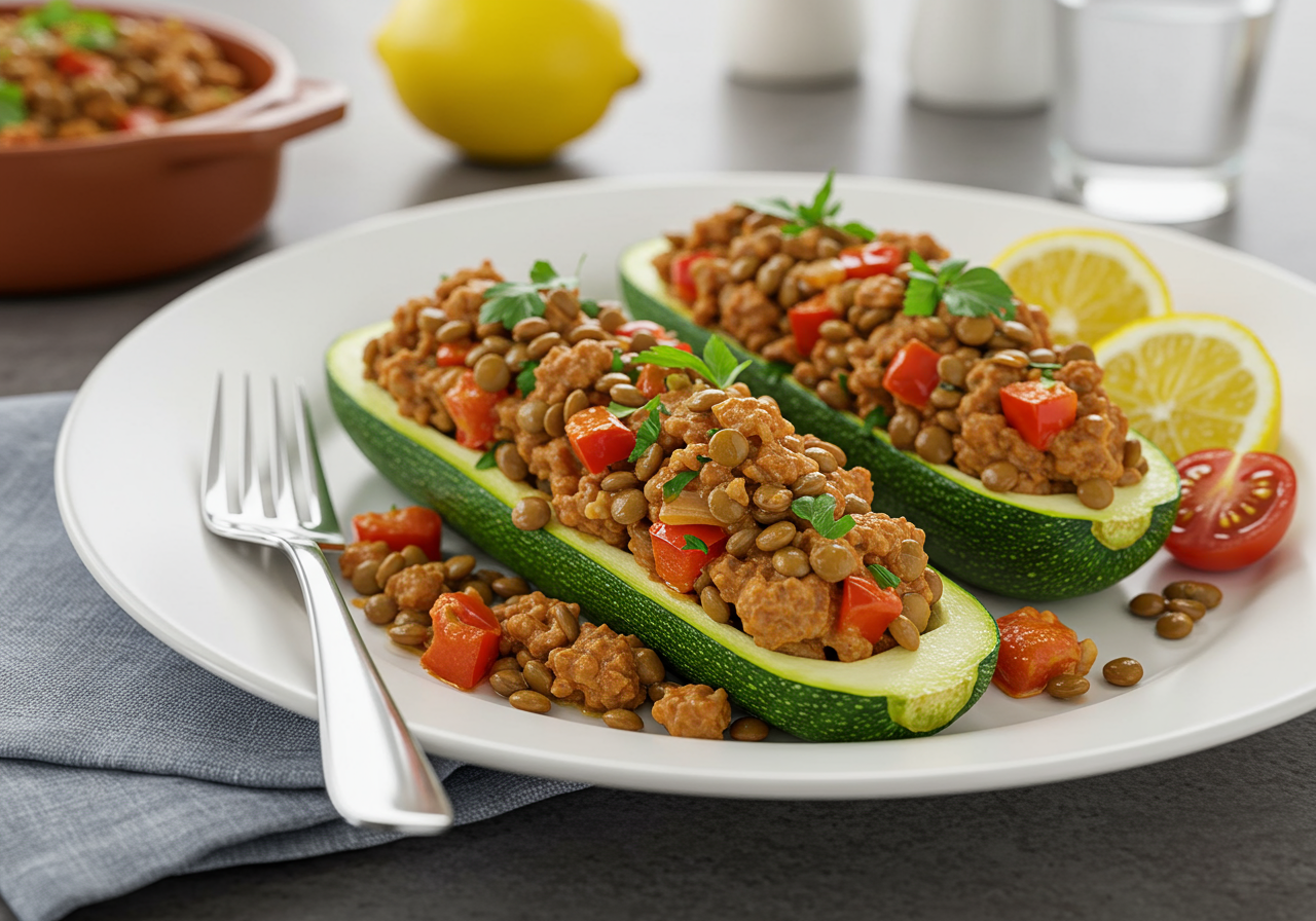 Spiced Lamb and Lentil Stuffed Zucchini Boats