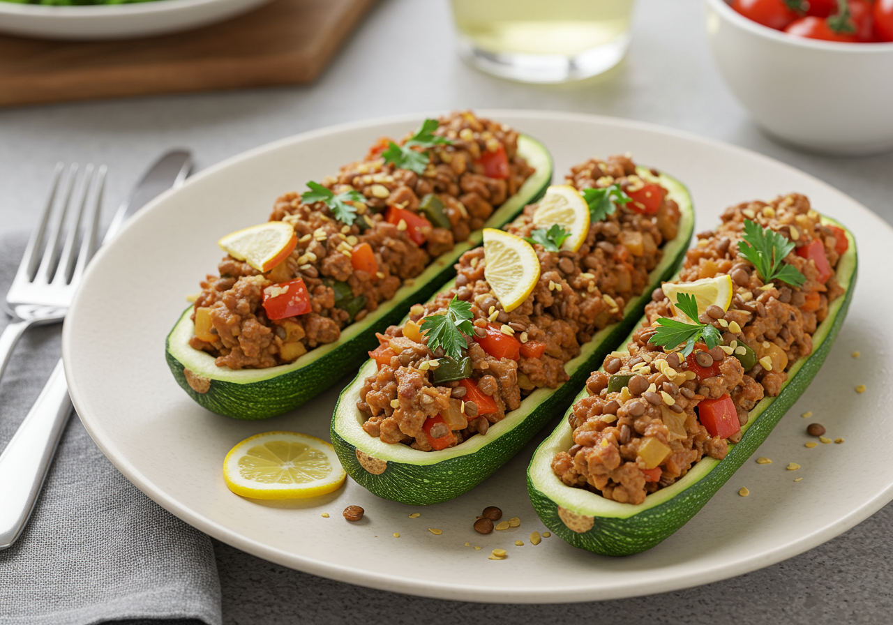 Spiced Lamb and Lentil Stuffed Zucchini Boats