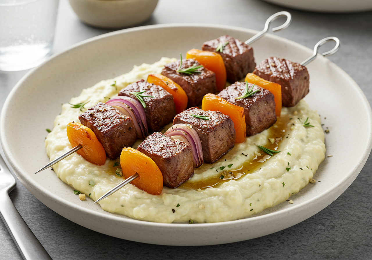 AIP Lamb and Apricot Skewers with Herbed Cauliflower Mash