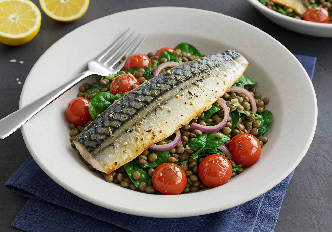 Mediterranean Baked Mackerel with Warm Lentil & Spinach Salad