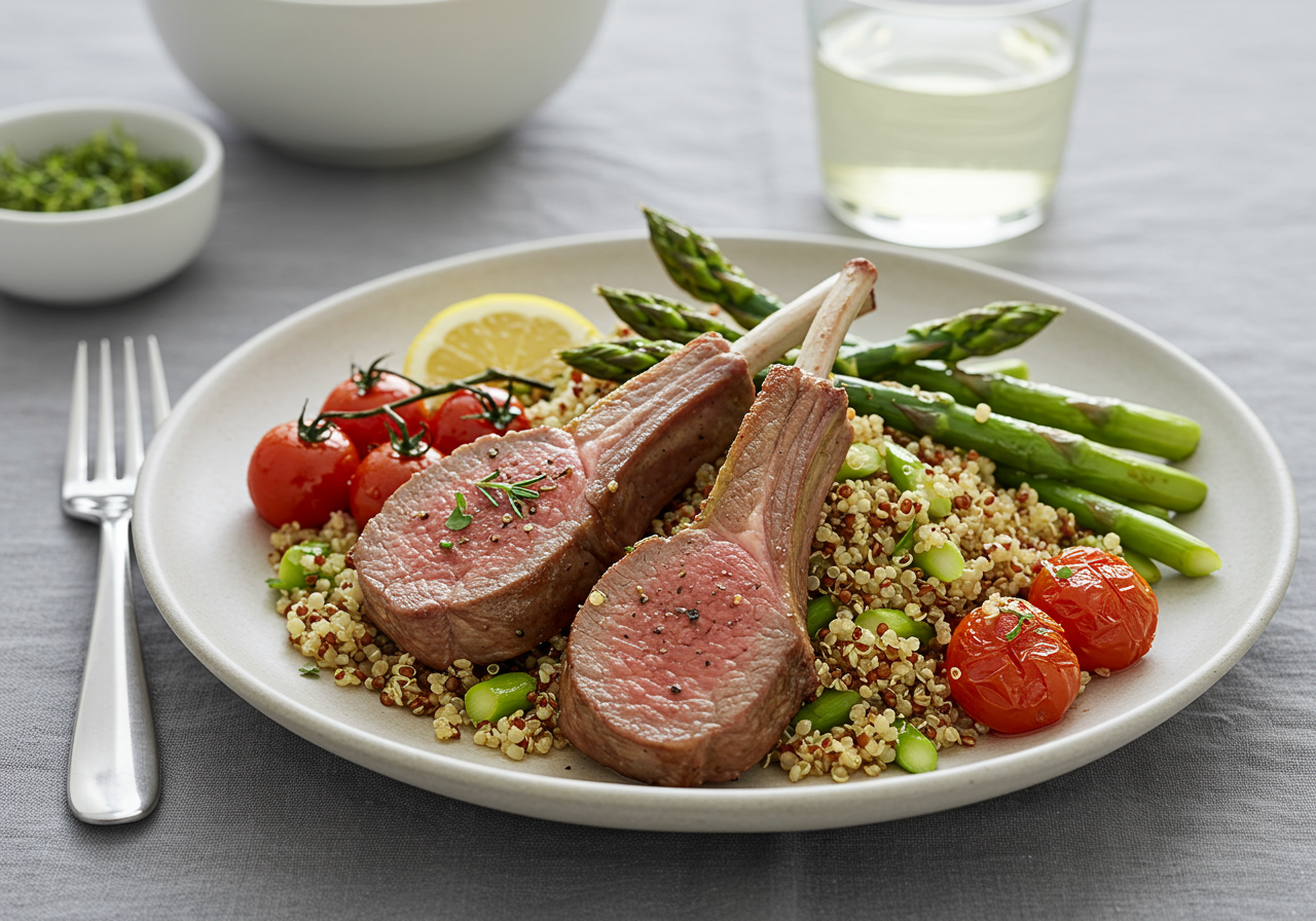 Mediterranean Lamb with Herbed Quinoa and Roasted Asparagus