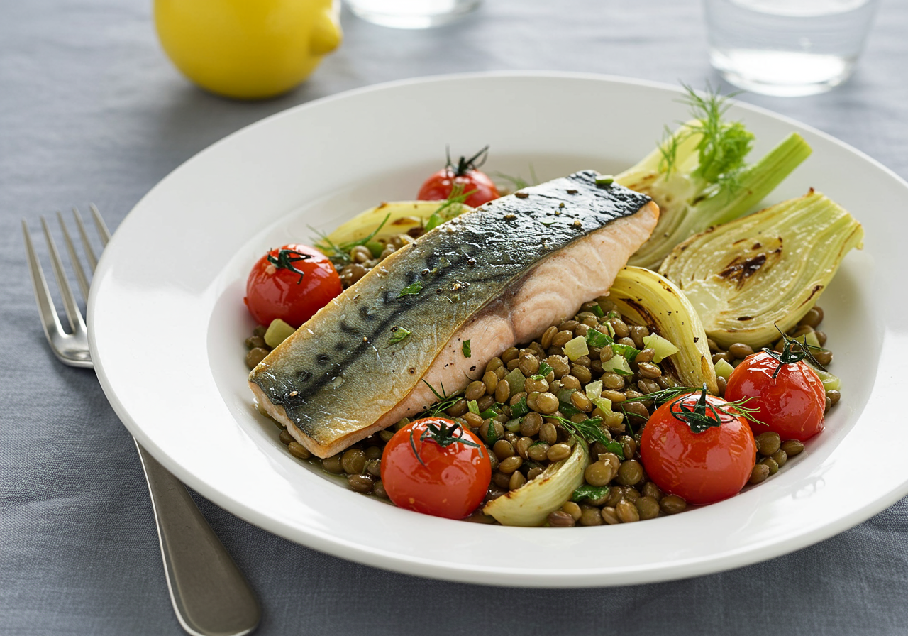 Pan-Seared Mackerel with Roasted Fennel & Warm Lentil Salad