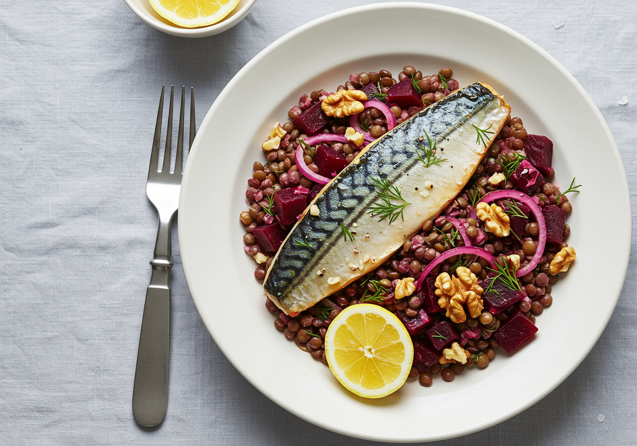 Pan-Seared Mackerel with Warm Beetroot & Lentil Salad