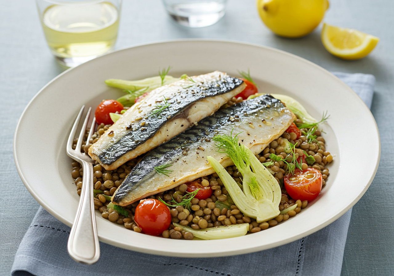 Pan-Seared Mackerel with Warm Puy Lentil & Fennel Salad