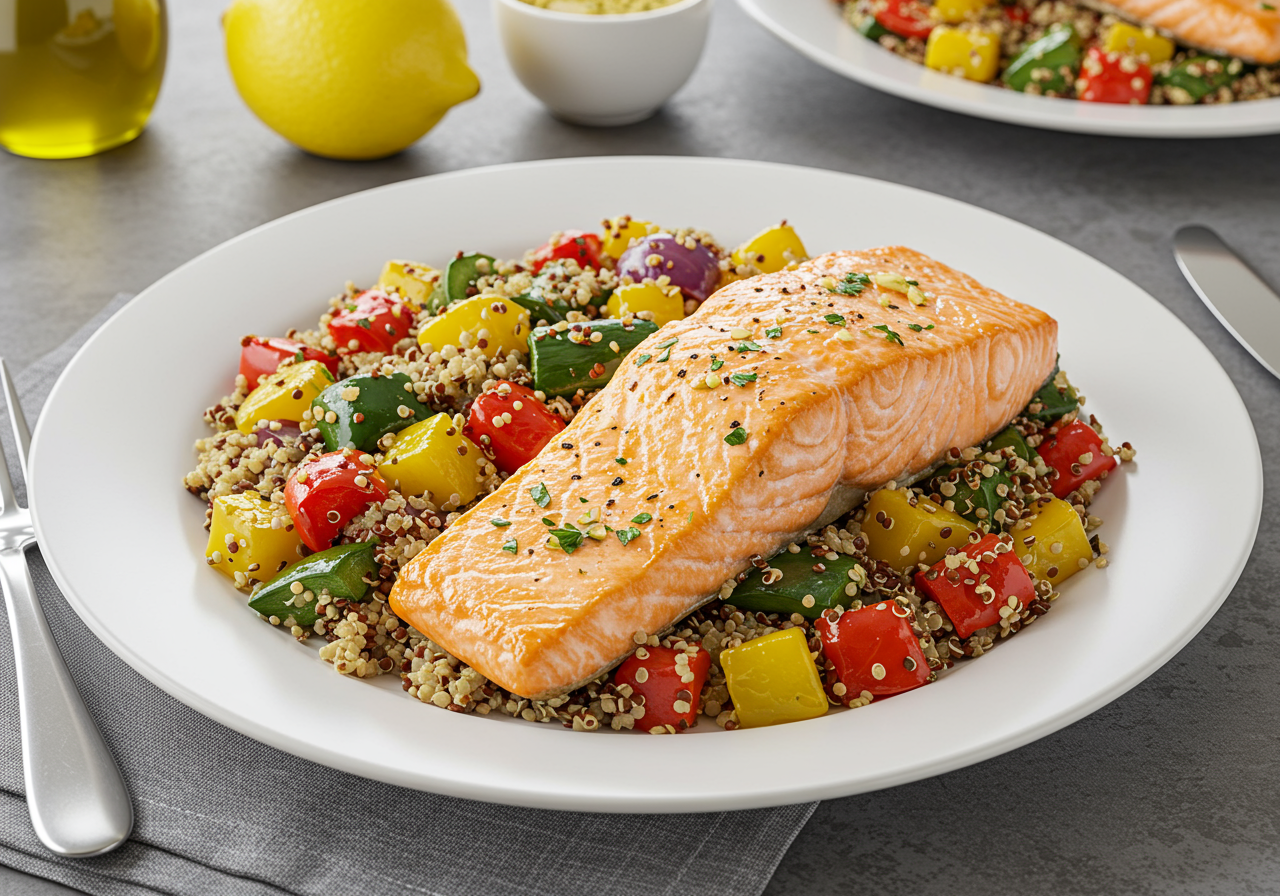 Mediterranean Baked Salmon with Quinoa and Roasted Vegetables