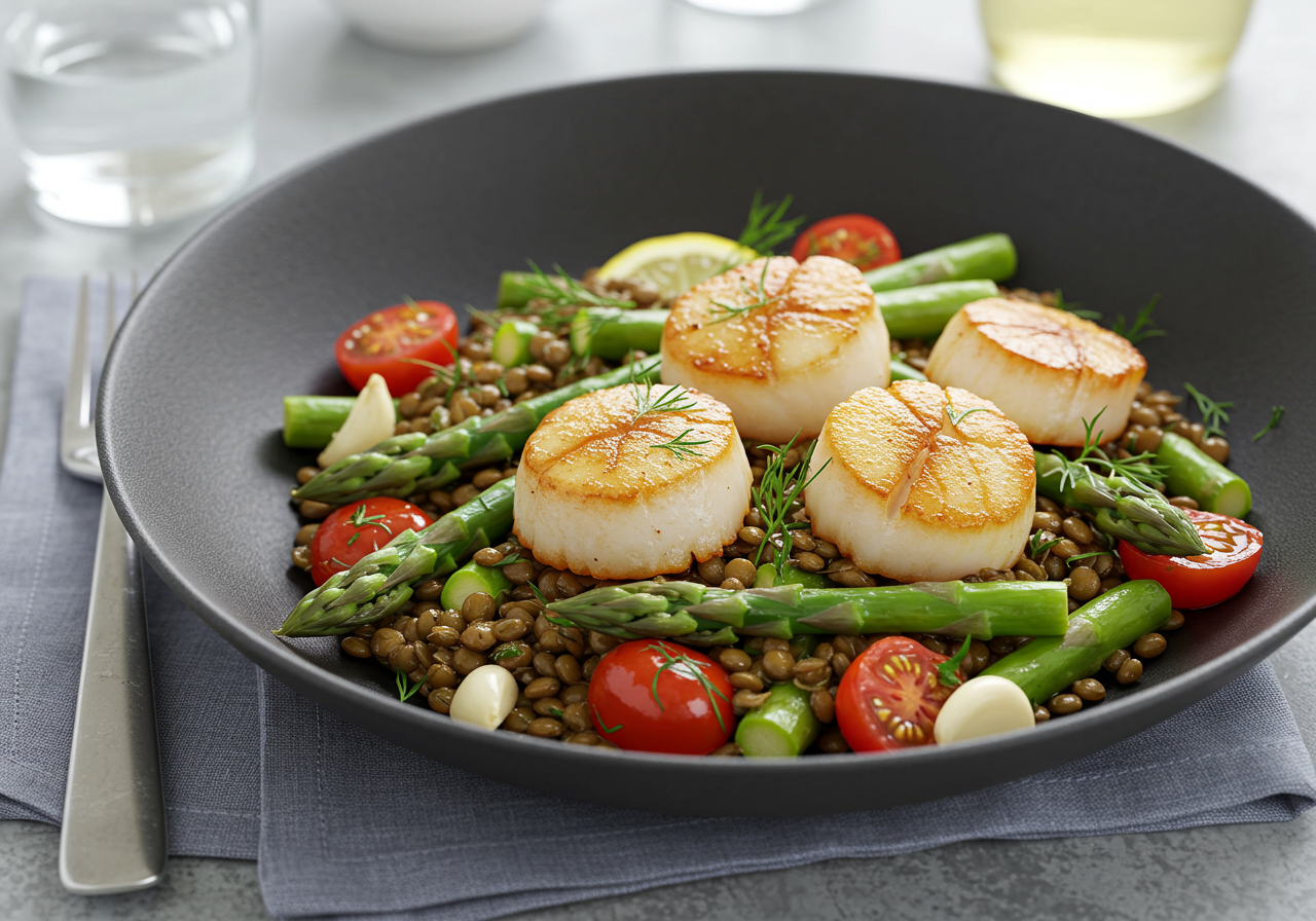 Pan-Seared Scallops with Warm Lentil & Asparagus Salad