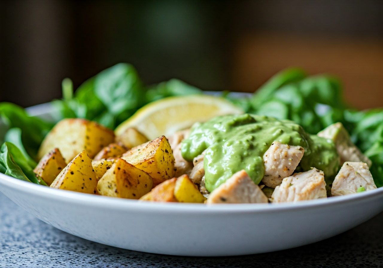 Herb-Roasted Potato & Chicken Bowl with Avocado Dressing