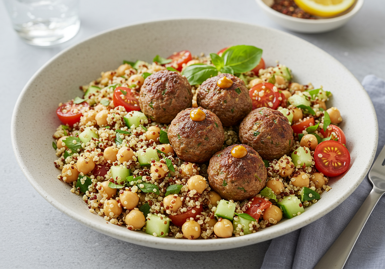 Moroccan-Spiced Lamb Meatballs with Quinoa & Chickpea Salad