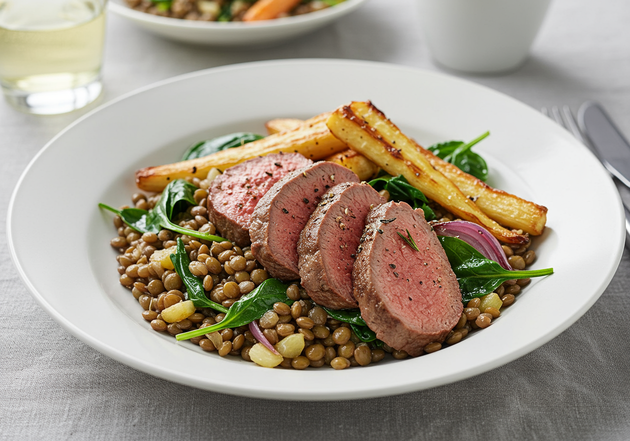 Pan-Seared Lamb with Warm Lentil & Root Vegetable Salad