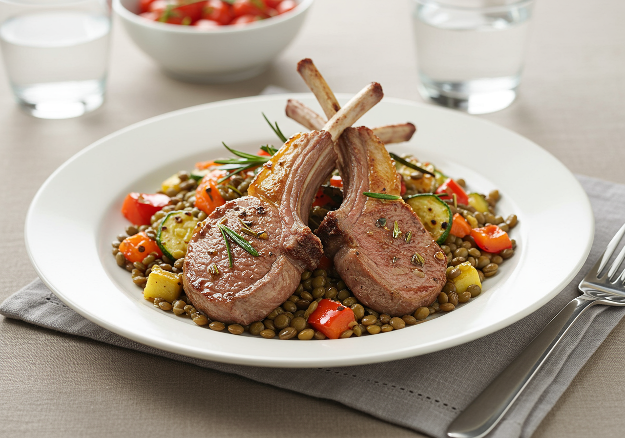 Pan-Seared Lamb with Warm Rosemary Lentil Salad