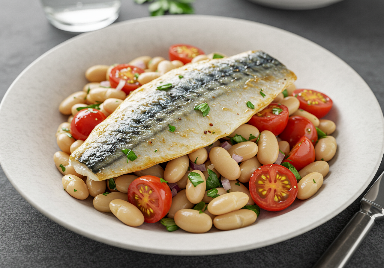 Pan-Seared Mackerel with Mediterranean White Bean Salad
