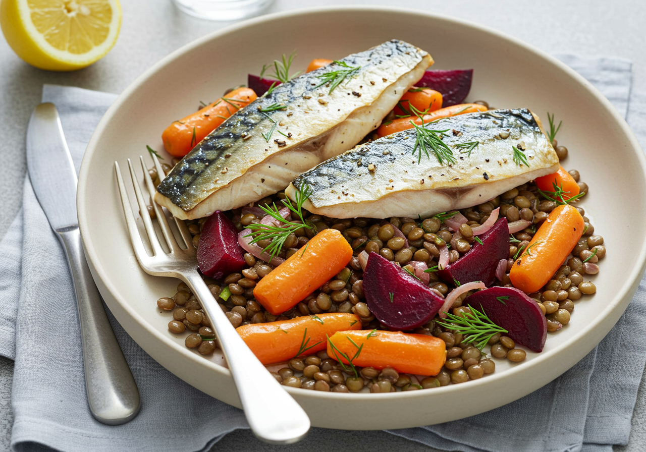 Pan-Seared Mackerel with Warm Lentil & Root Vegetable Salad