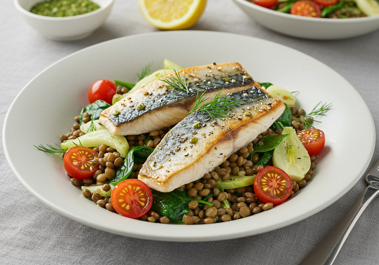 Pan-Seared Mackerel with Warm Puy Lentil & Fennel Salad