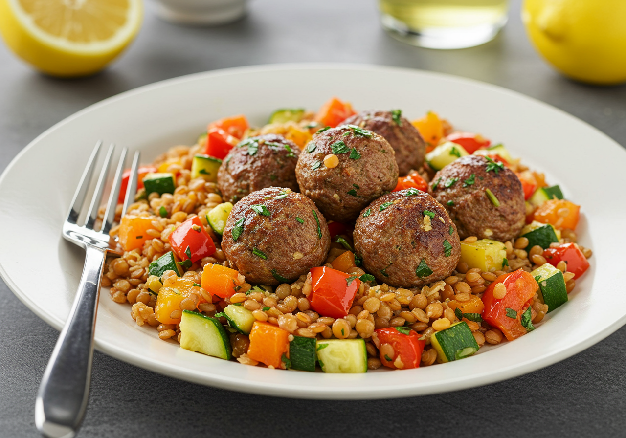 Spiced Lamb Meatballs with Warm Lentil & Roasted Vegetable Salad