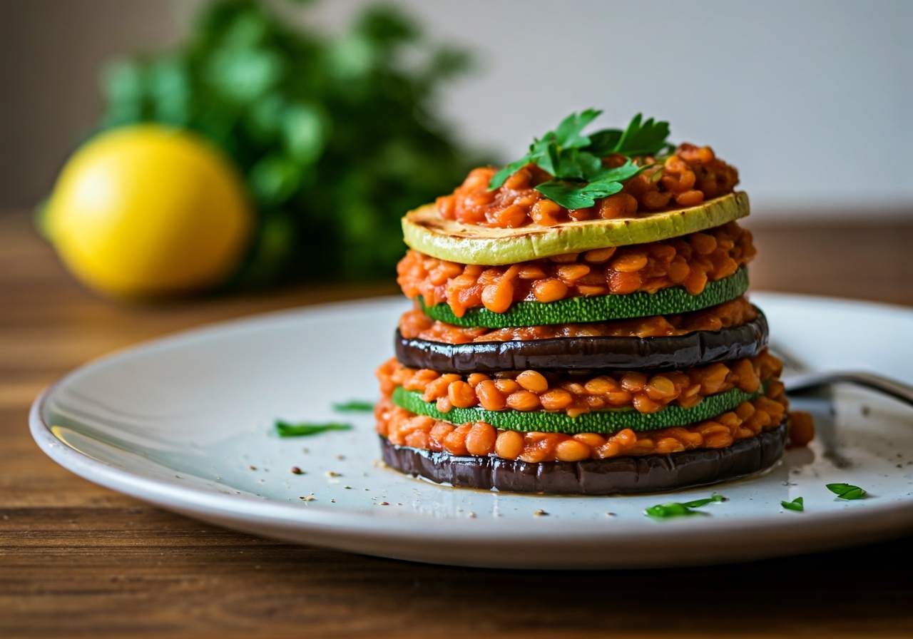 Layered Mediterranean Lentil & Eggplant Stacks