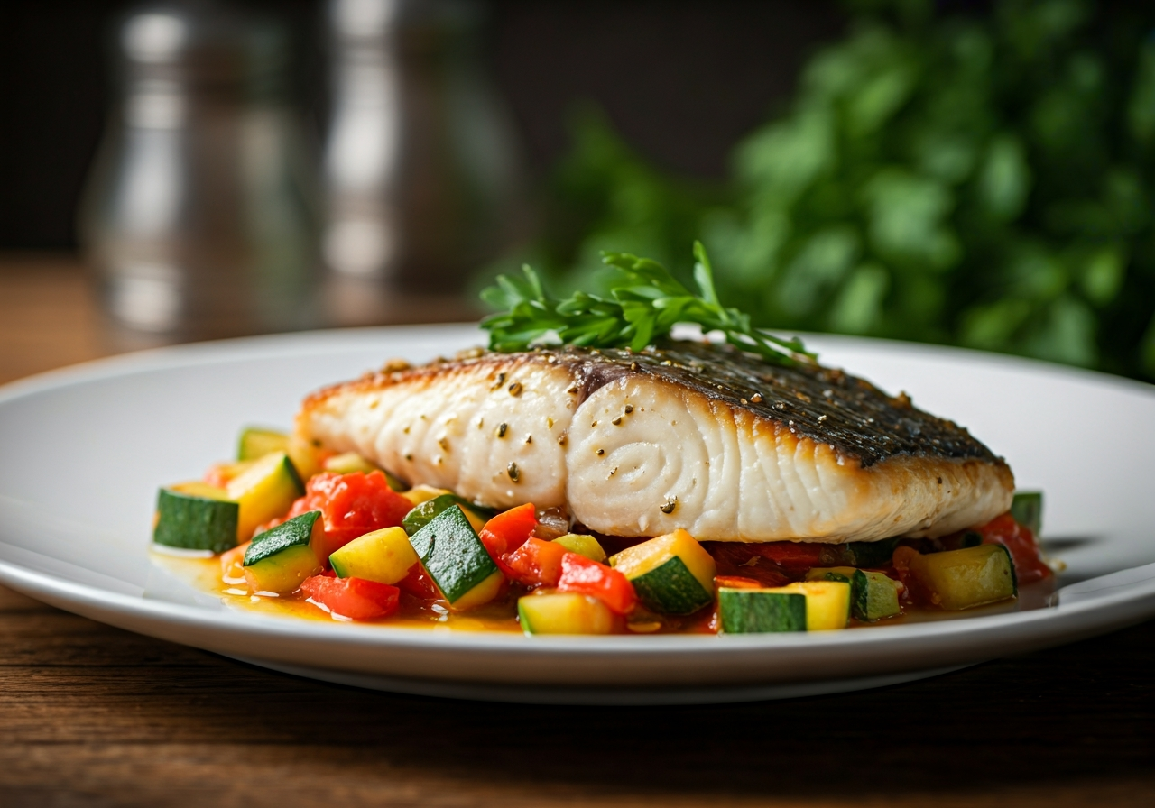 Pan-Seared Sea Bass with Mediterranean Vegetable Ragout