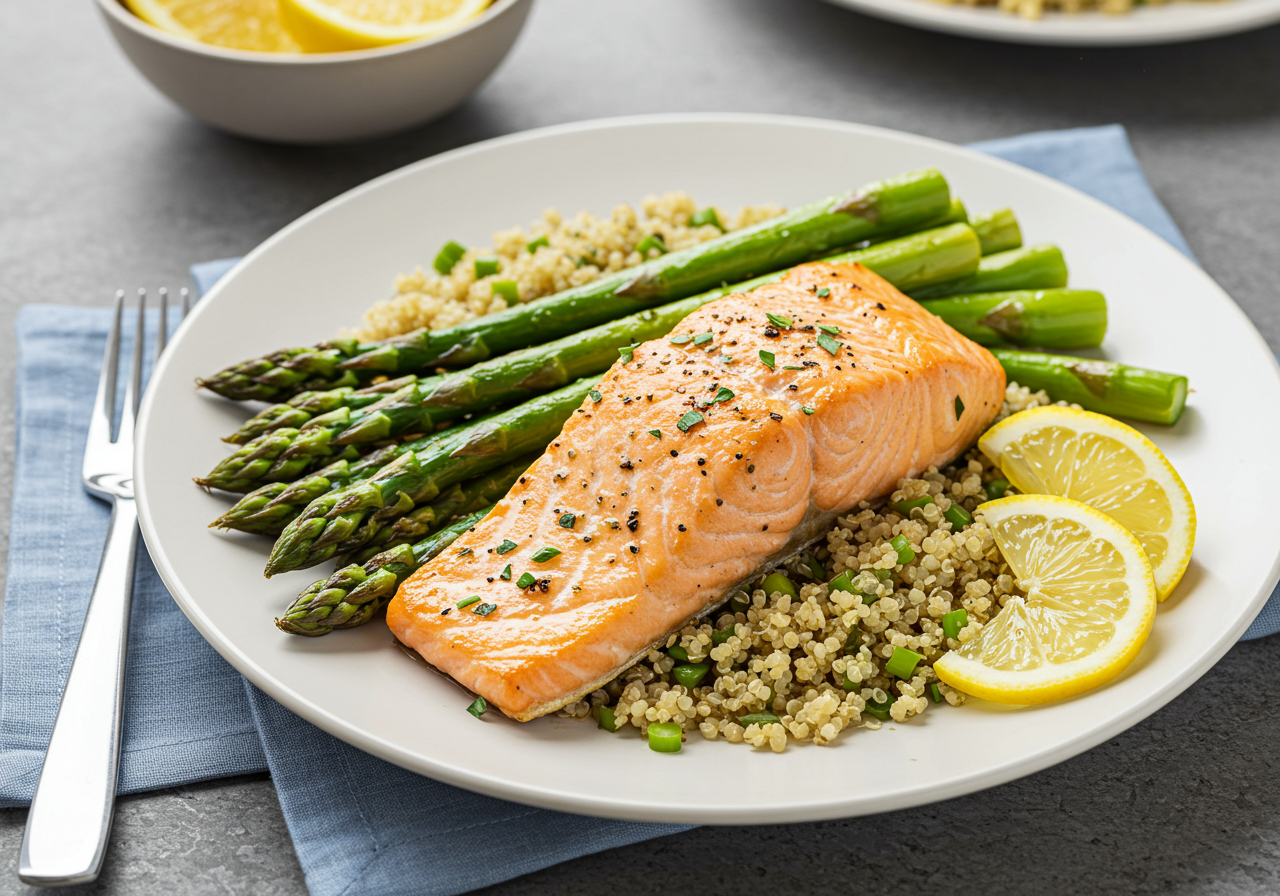 Pan-Seared Salmon with Lemon-Herb Quinoa and Roasted Asparagus