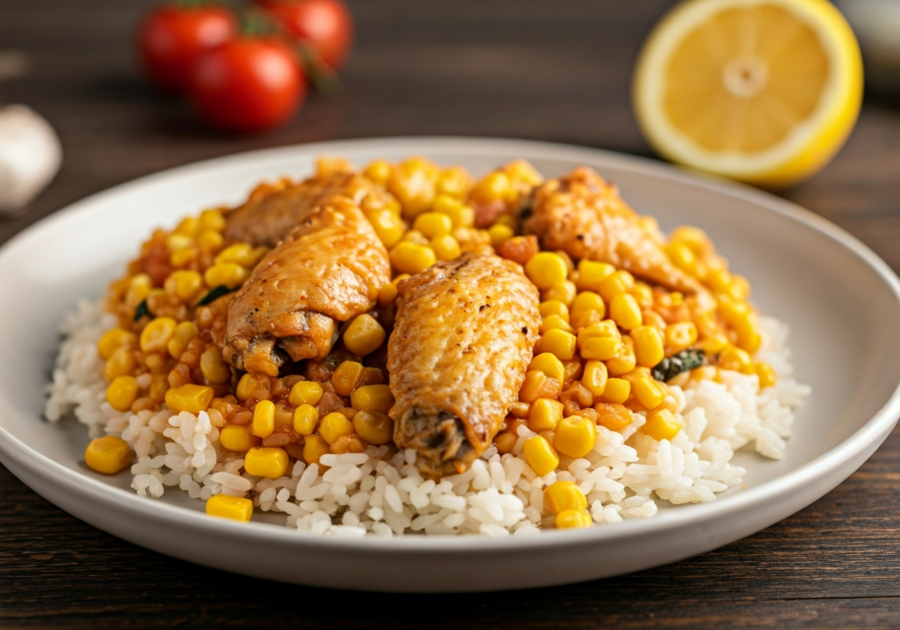 Middle-Eastern Chicken and Rice with Charred Corn & Tomato