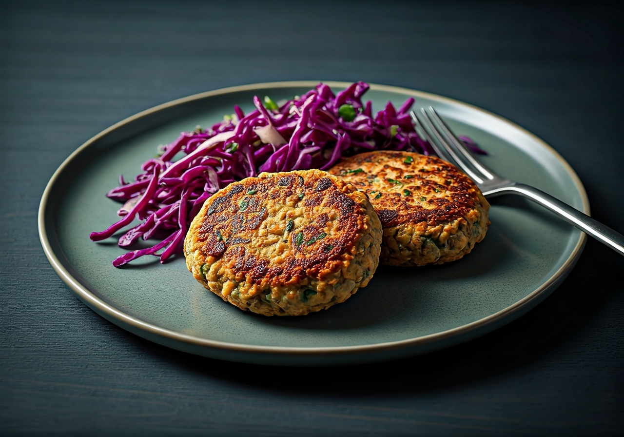 Balkan-Inspired Bean & Urda Protein Patties with Crunchy Cabbage Slaw