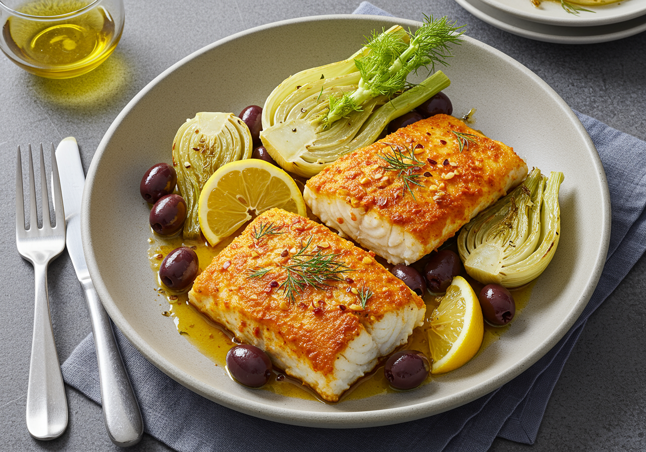 Pan-Seared Harissa Cod with Roasted Fennel and Olives