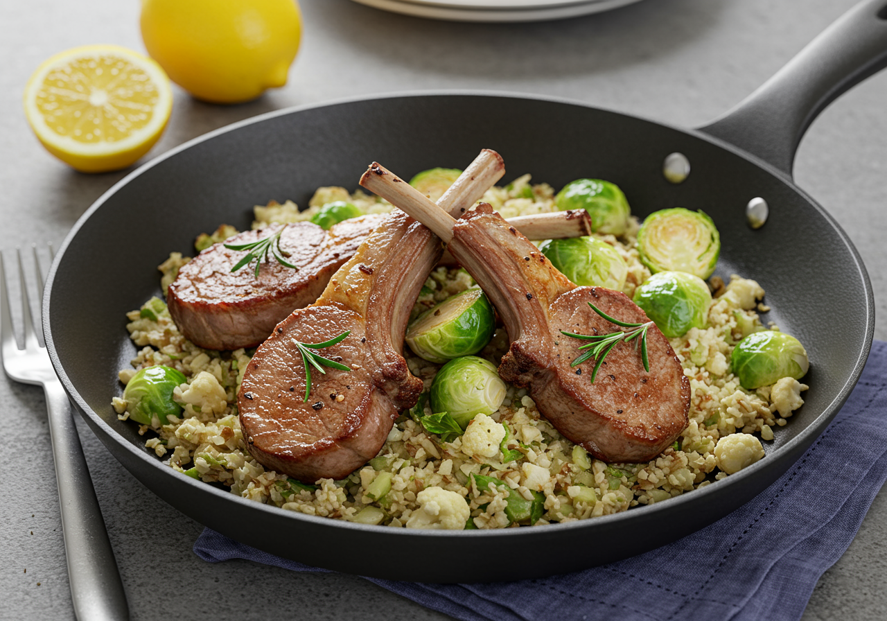 Pan-Seared Lamb Chops with Rosemary & Cauliflower-Brussels Sprout Hash