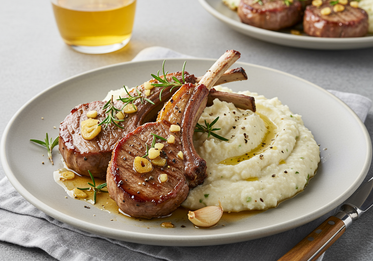 Garlic Herb Lamb with Roasted Cauliflower Mash