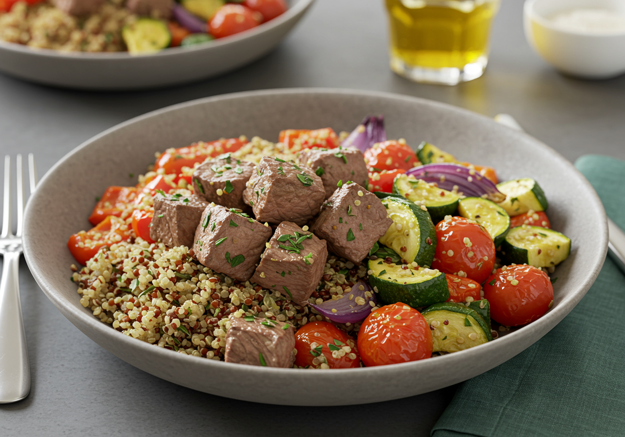 Herbed Lamb and Roasted Vegetable Quinoa Bowl