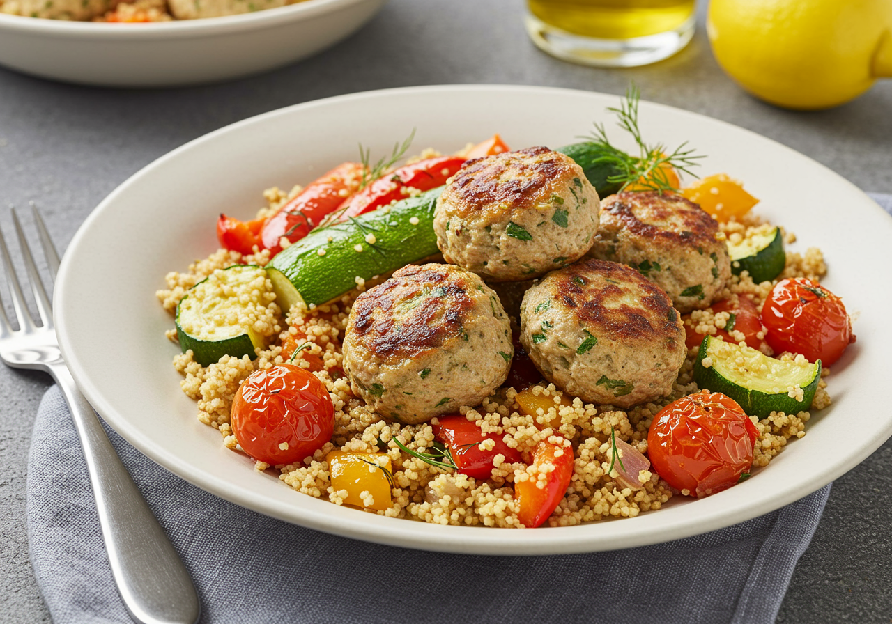 Lemony Turkey Meatballs with Roasted Courgette and Herbed Couscous