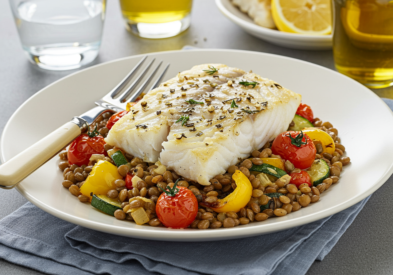 Mediterranean Baked Cod with Roasted Vegetables and Lentils