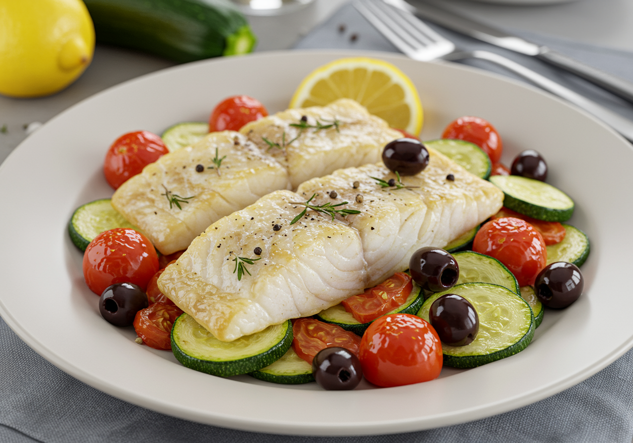 Mediterranean Baked Cod with Zucchini & Olives
