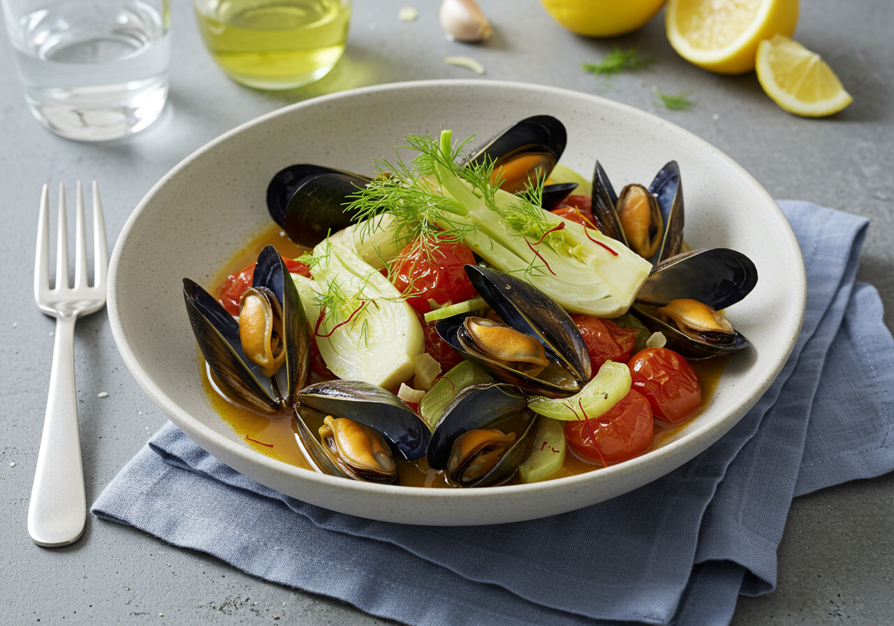 Mediterranean Mussels with Fennel and Saffron Broth
