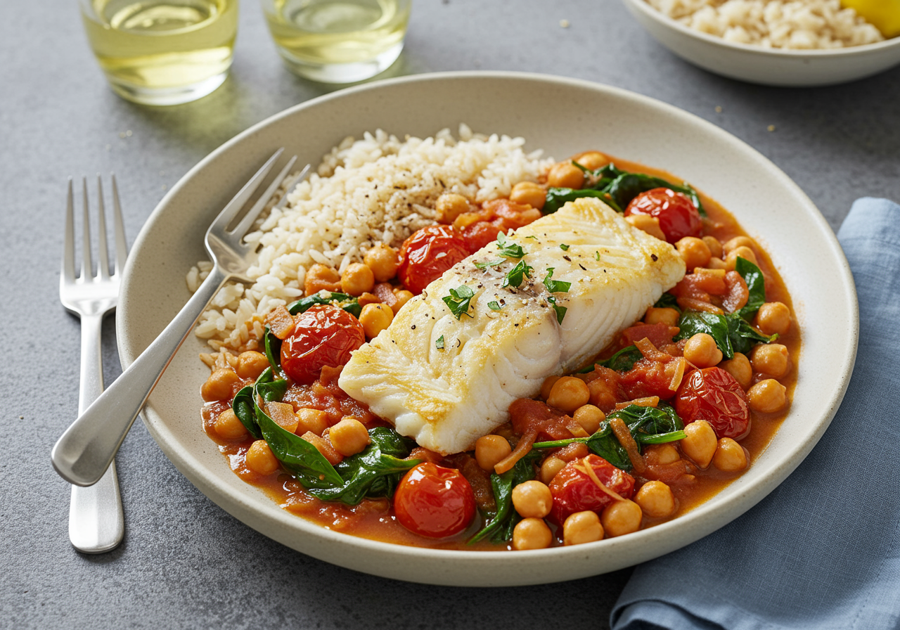 Moroccan-Spiced Cod with Chickpea & Spinach Stew