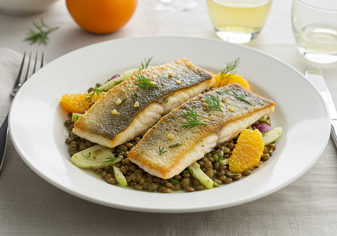 Pan-Seared Sea Bass with Warm Lentil & Orange Salad