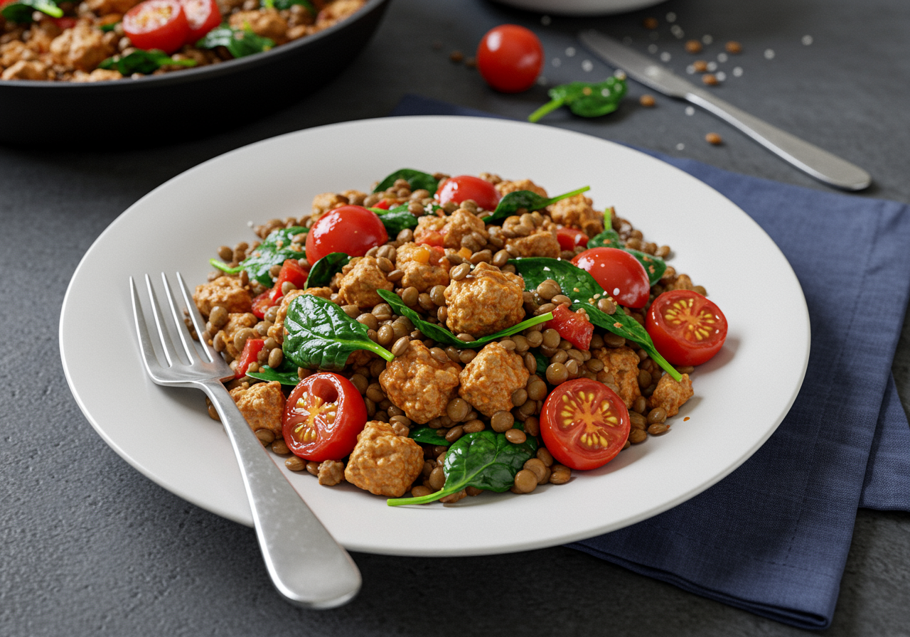 Spiced Turkey and Lentil Skillet with Wilted Spinach